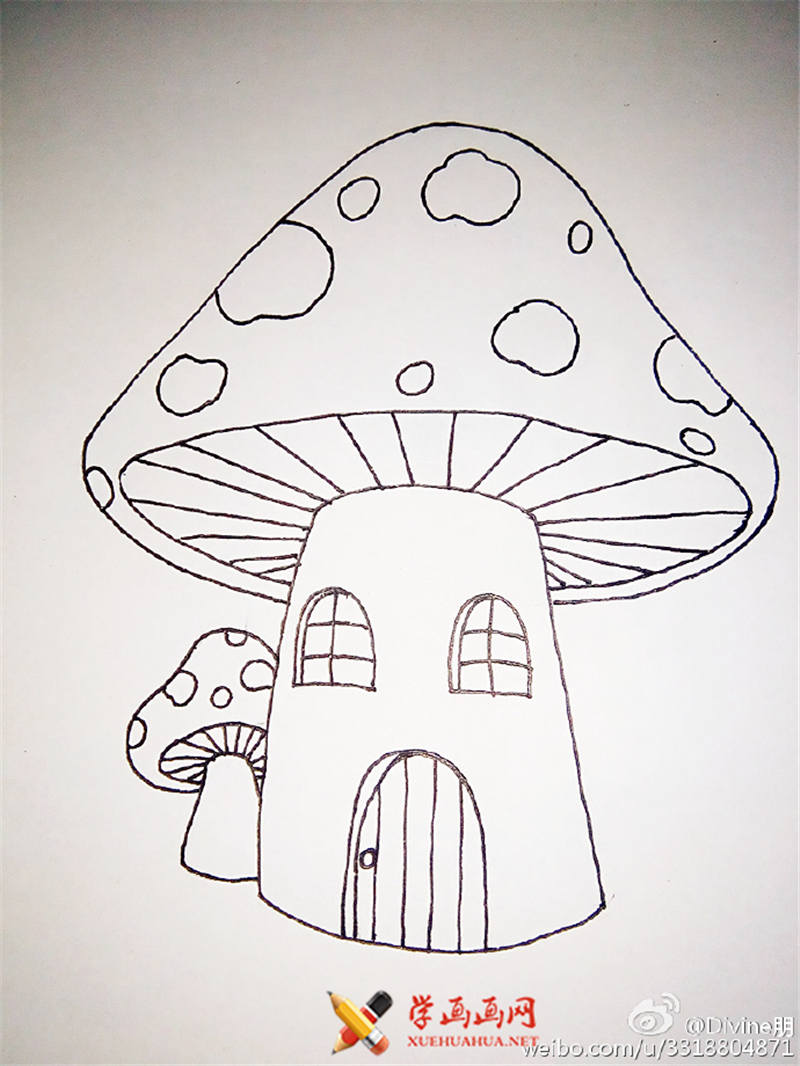 彩色简笔画《卡通蘑菇房的画法》