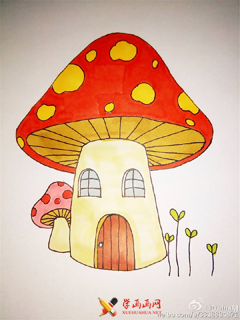 彩色简笔画卡通蘑菇房的画法