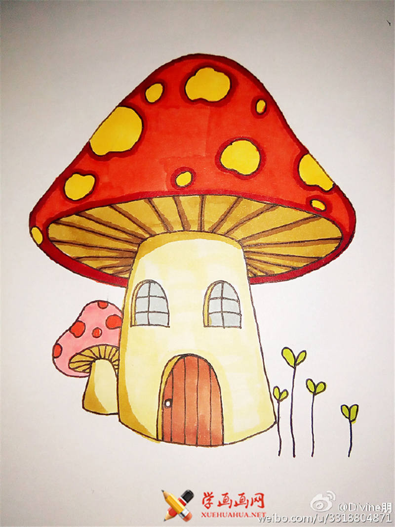 彩色简笔画《卡通蘑菇房的画法》