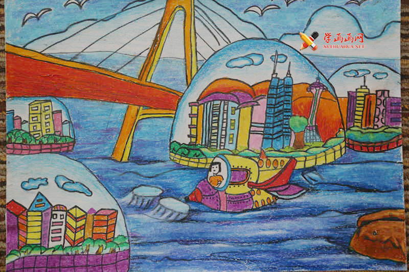 未来城市儿童画《水上移动城市》