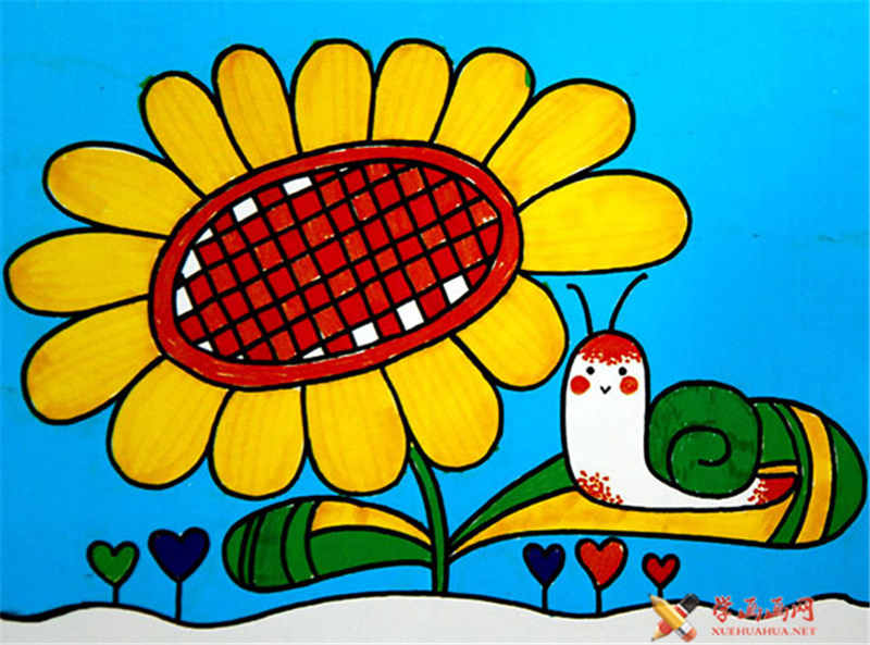 儿童水彩画,向日葵上的蜗牛