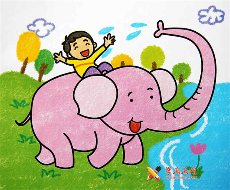 蜡笔画一个小男孩骑大象