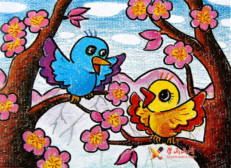 儿童油棒画春暖花开儿童画树枝上的小鸟