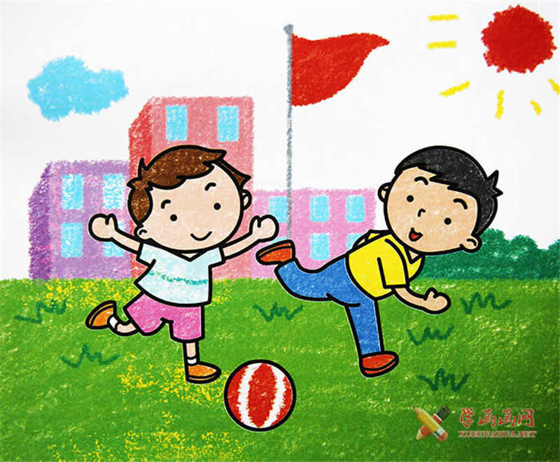 儿童画踢足球,油画棒课间十分钟-露西学画画