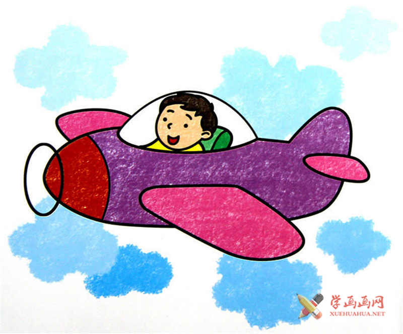 儿童画飞机飞上天,小朋友开飞机油画棒作品