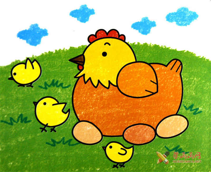 儿童画鸡妈妈和小鸡宝宝,儿童油画棒作品