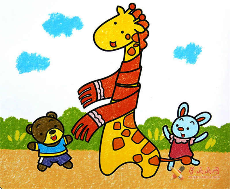 儿童画长颈鹿长颈鹿的油画棒作品