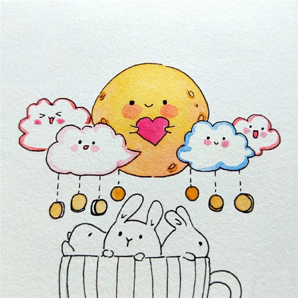 中秋儿童画:可爱的月亮和小兔子的组合儿童画教程