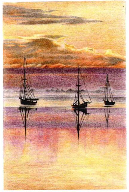 彩铅手绘风景画教程:彩铅画海上日出