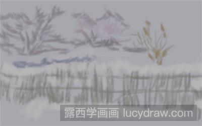 第四步,接下来再在树上和地面上继续画出堆积的积雪,如图所示