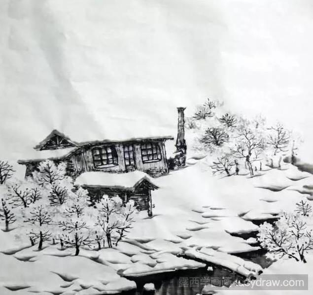 国画深山雪景图画法教程