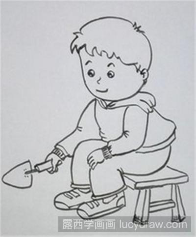 儿童画教程:拿铲子的小男孩