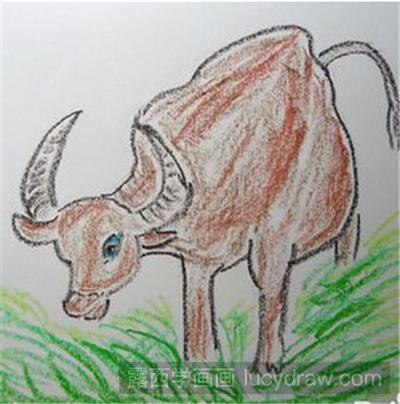 儿童画教程:田间吃草的小牛