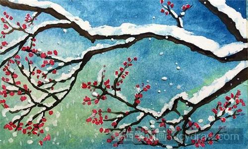 水彩画教程:雪落红梅