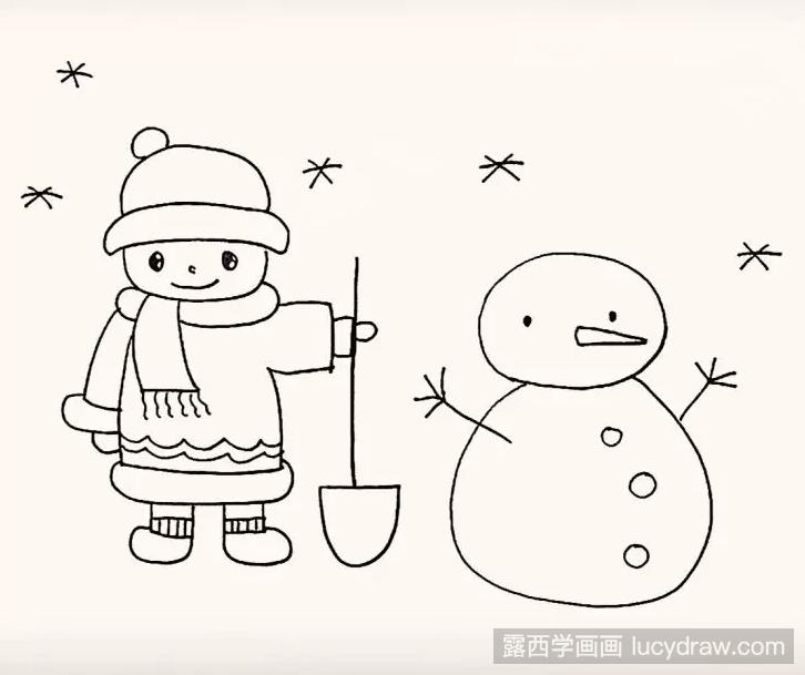 儿童画推雪人的小男孩步骤教程