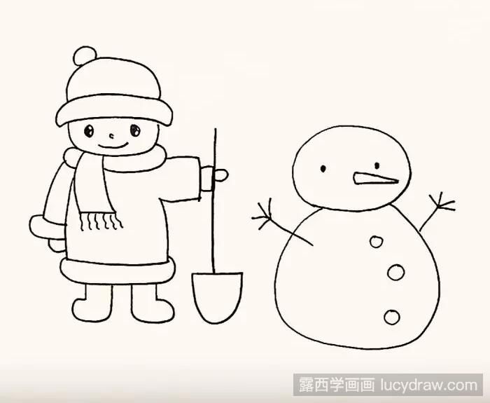 儿童画推雪人的小男孩步骤教程