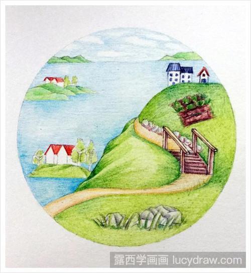 彩铅画教程:远山坡上的房子