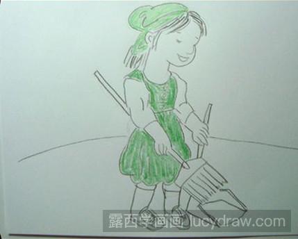 3,然后,用黑色彩铅笔画出小女孩的腿脚和打扫卫生的工具,如下图