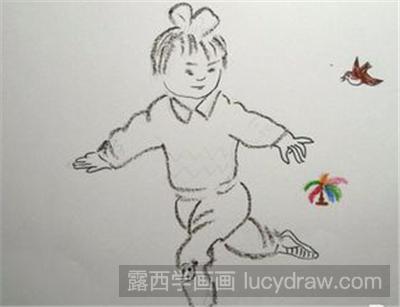 儿童画教程:踢毽子的小女孩