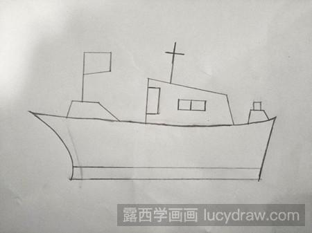 工具/原料   铅笔 纸张 彩笔   方法/步骤   1,先画出一个船的大概