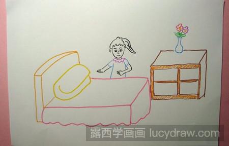 并粉红色彩色笔给床画上装饰的花纹,这样叠被子的小女孩彩色简笔画就