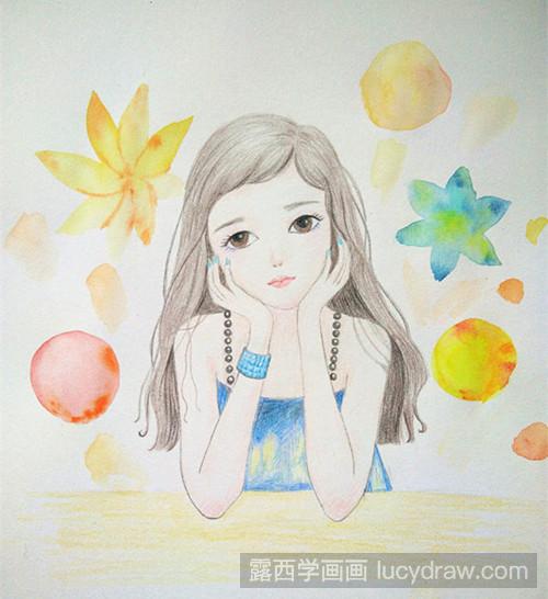 彩铅画教程:想心事的女孩-露西学画画