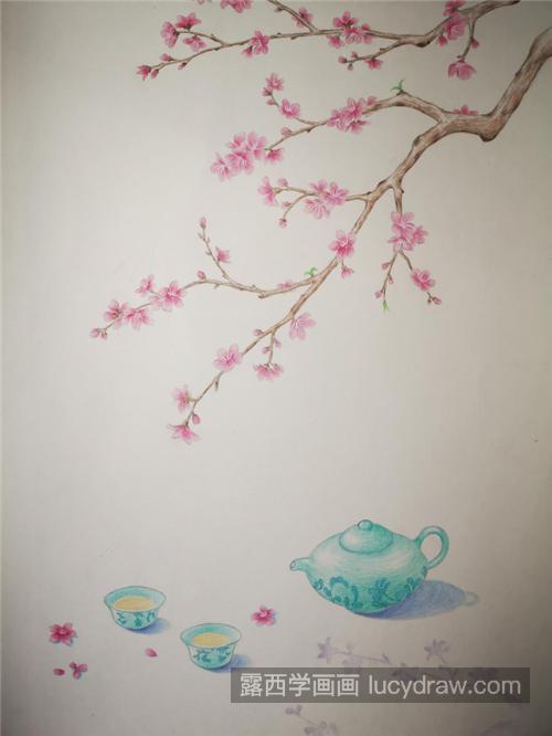 桃花下的清茶怎么画?教你画水彩和彩铅结合的古风画