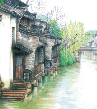 西塘风光彩铅画教程提到江南水乡就会让人马上联想到小桥流水白墙青瓦