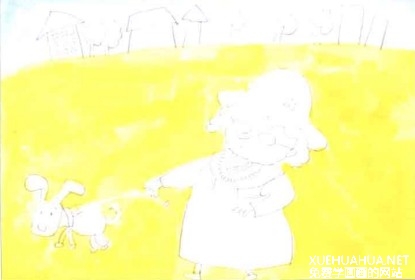 儿童水粉画教程-遛狗的老奶奶画画步骤