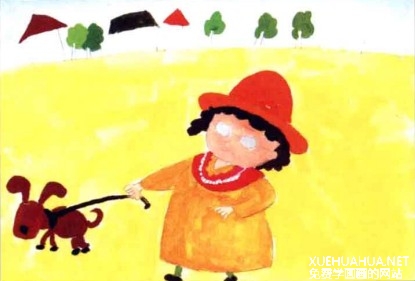 儿童水粉画教程-遛狗的老奶奶画画步骤