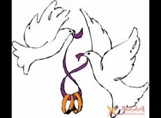 一根紫色丝带连接着的两只鸽子的简单画法