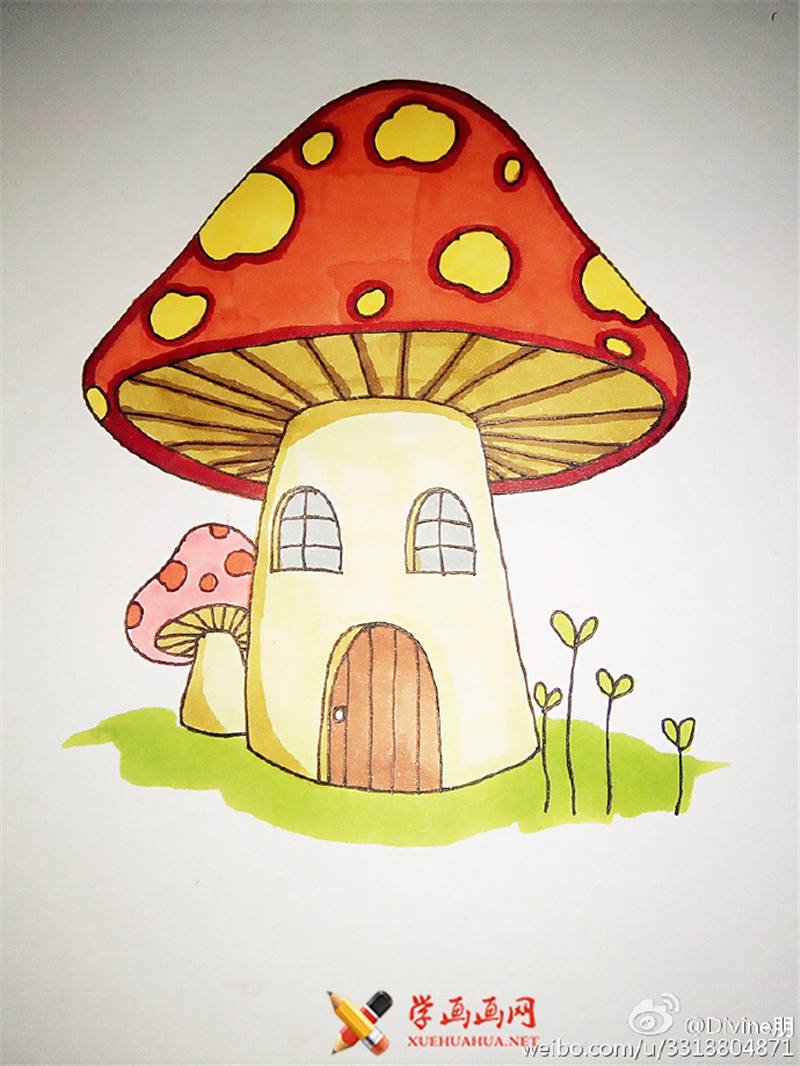 彩色简笔画卡通蘑菇房的画法