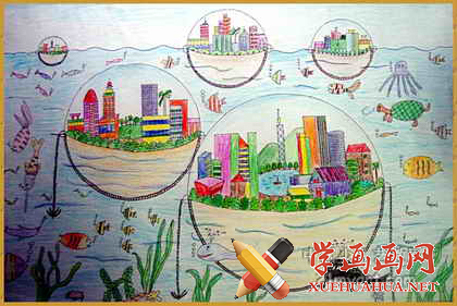 小学生科技画获奖作品《海上未来城市》