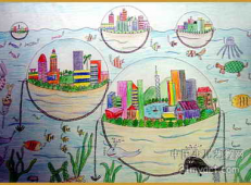 小学生科技画获奖作品《海上未来城市》