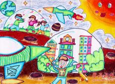 科幻画作品，儿童画太空家园