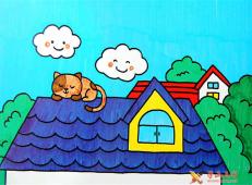 如何画屋顶上睡觉的猫，儿童水彩画作品欣赏