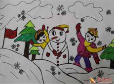 水彩画作品欣赏，儿童画堆雪人