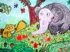 儿童水彩画大象和小松鼠