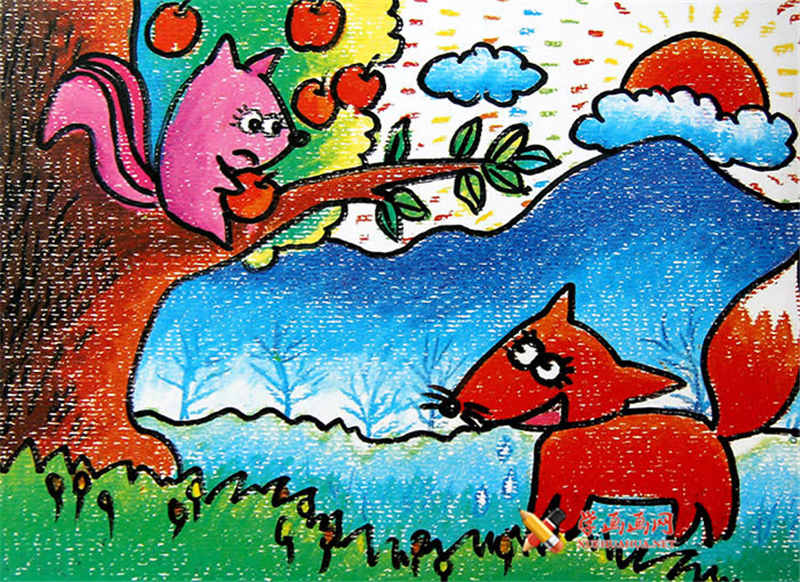 儿童油棒画小狐狸采苹果