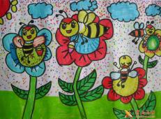 儿童水彩画采蜜的蜜蜂