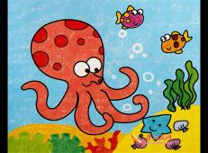 儿童油画棒，水中的大章鱼