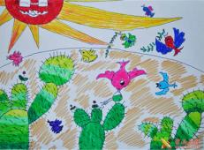儿童水彩画作品《沙漠里的小鸟》