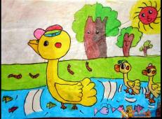 儿童画鸭子，水彩画水中的鸭子