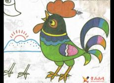 儿童画公鸡，水彩画穿着花衣裳的大公鸡
