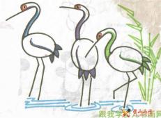儿童水彩画，河边的丹顶鹤