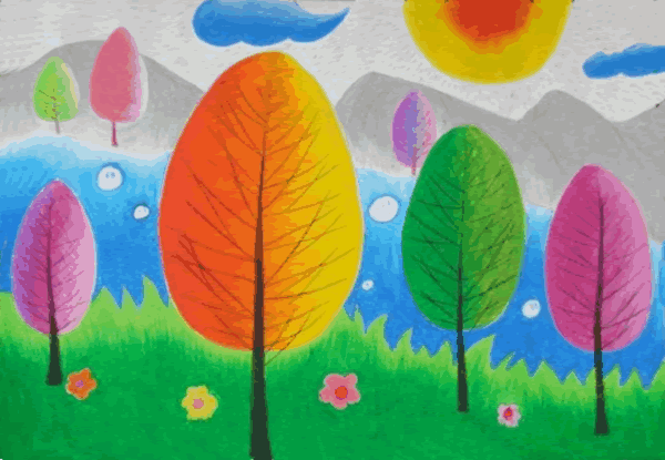 儿童水彩画《五彩的树林》