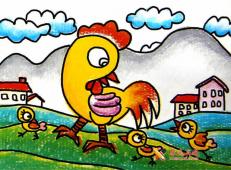 儿童油棒画作品，鸡妈妈和小鸡宝宝
