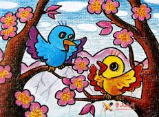 儿童油棒画春暖花开，儿童画树枝上的小鸟