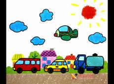 儿童油棒画，马路上的小汽车