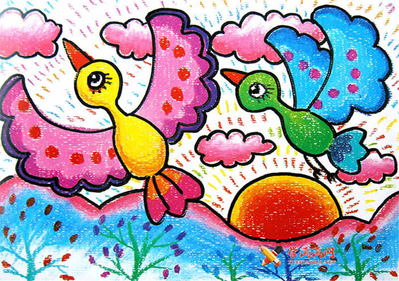 儿童画鸟儿油画棒作品飞翔的鸟儿
